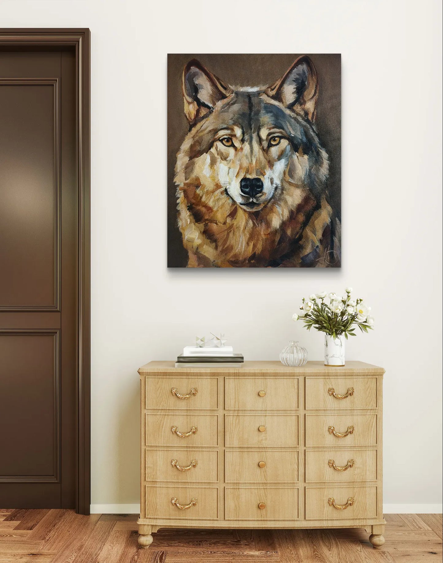 H1Z ART Acrylbild Gemälde Wolf bei Nacht – handgemaltes Original Acrylbild (40 x 50 cm)