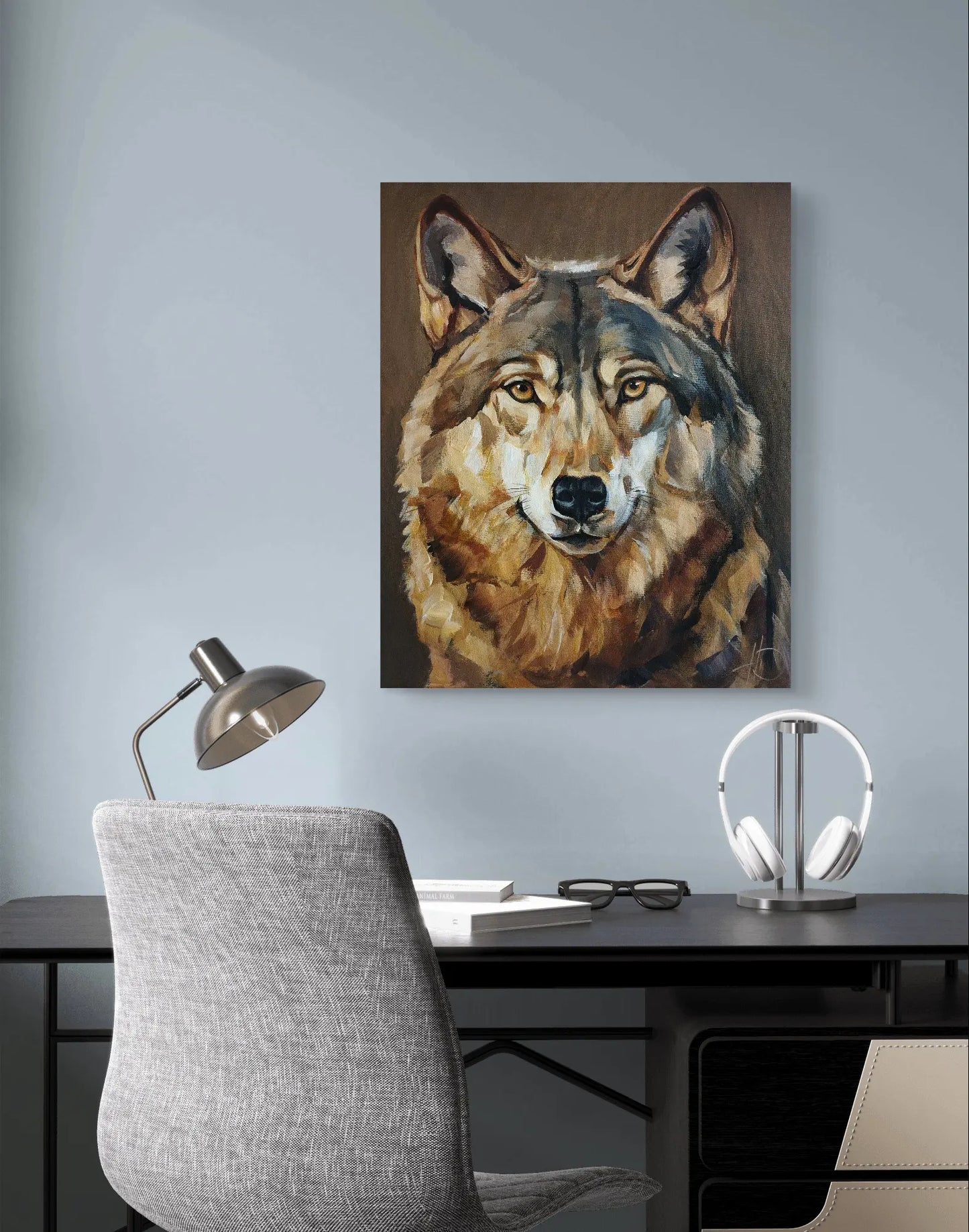 H1Z ART Acrylbild Gemälde Wolf bei Nacht – handgemaltes Original Acrylbild (40 x 50 cm)