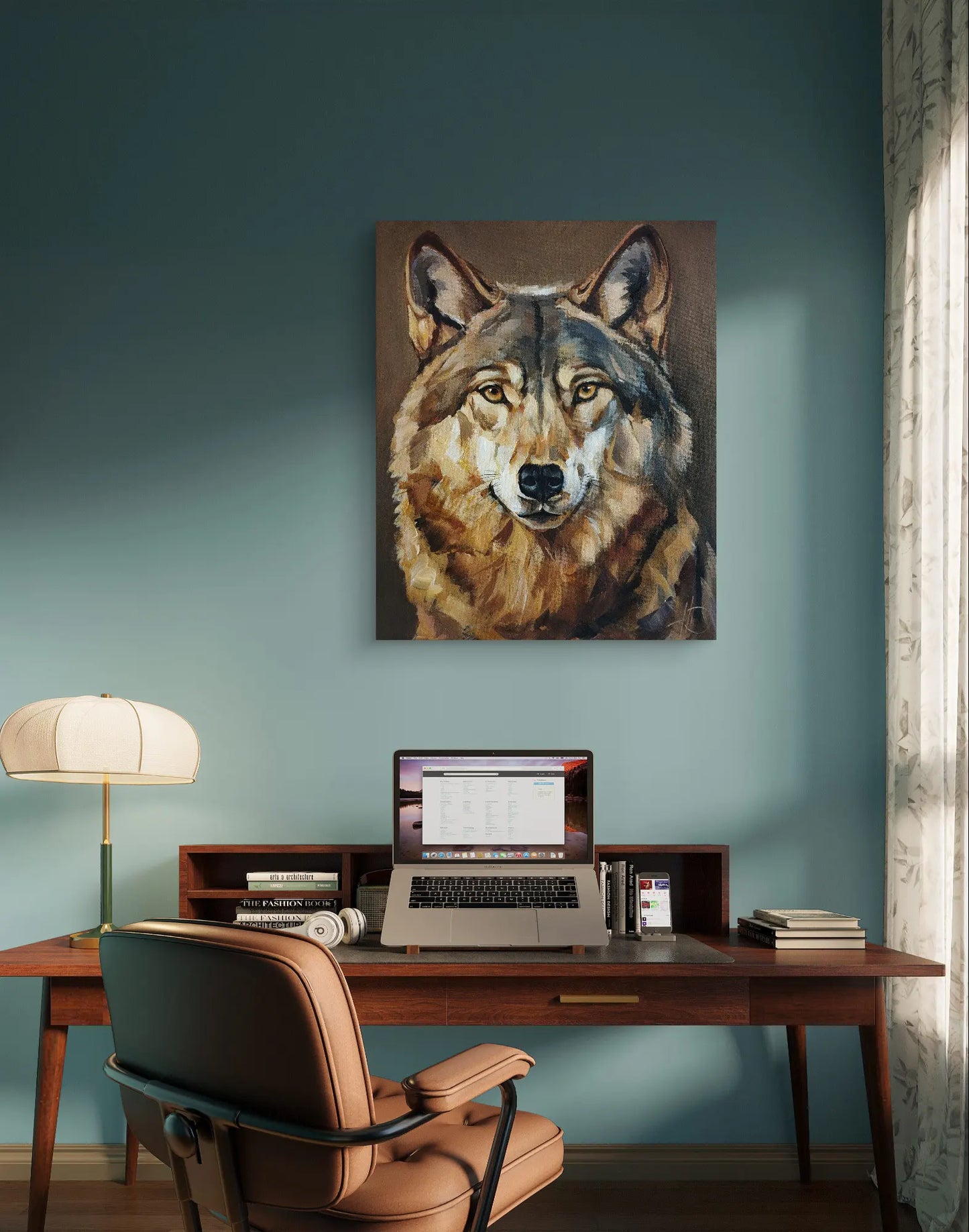 H1Z ART Acrylbild Gemälde Wolf bei Nacht – handgemaltes Original Acrylbild (40 x 50 cm)
