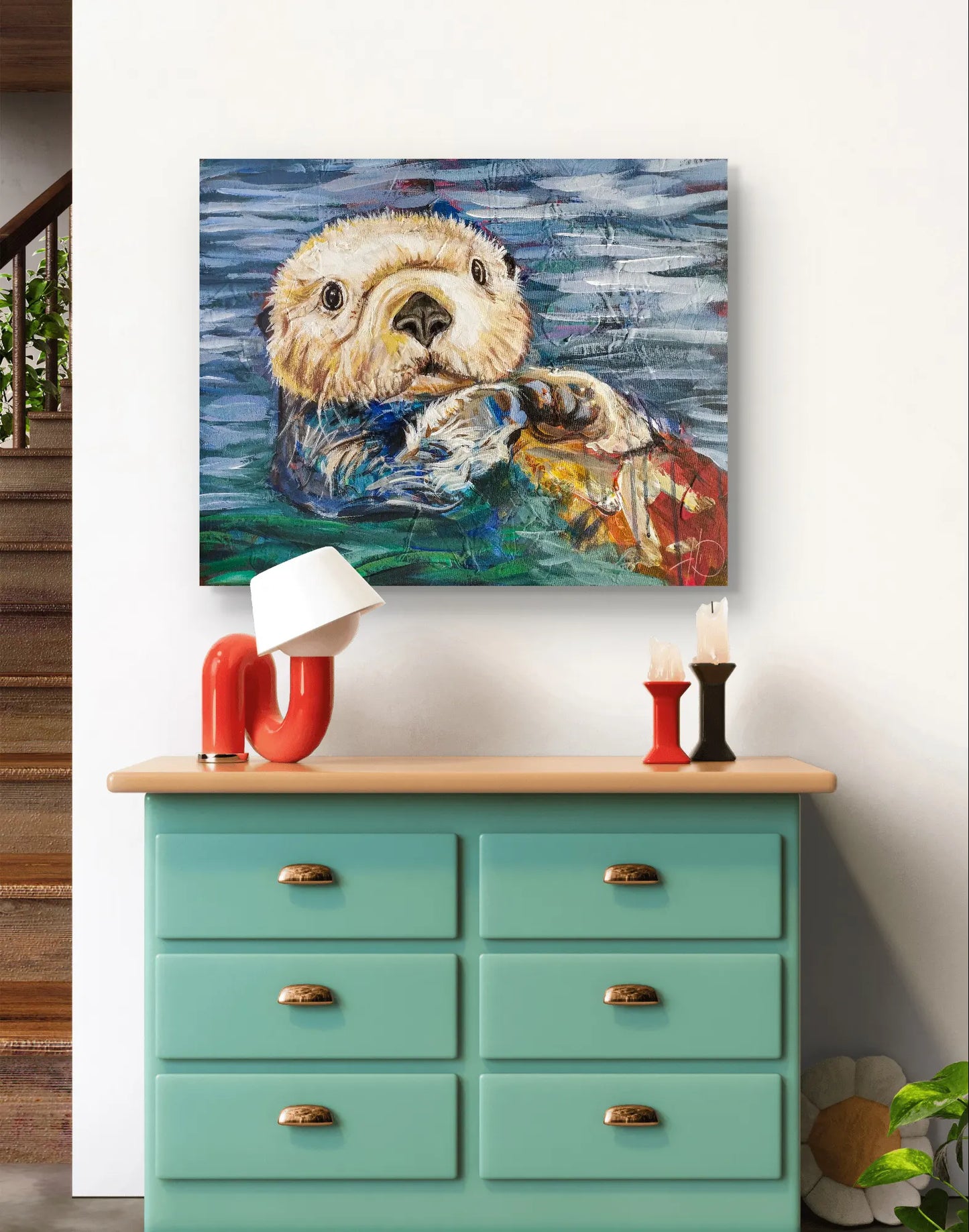 H1Z ART Acrylbild Gemälde Spielerischer Otter – handgemaltes Original Acrylbild (40 x 50 cm)