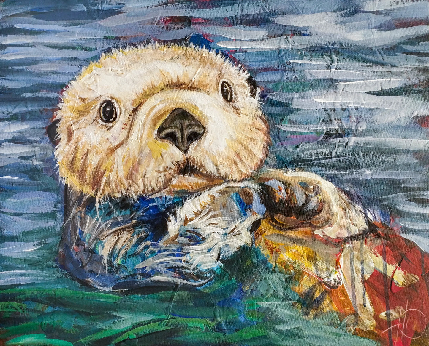 H1Z ART Acrylbild Gemälde Spielerischer Otter – handgemaltes Original Acrylbild (40 x 50 cm)