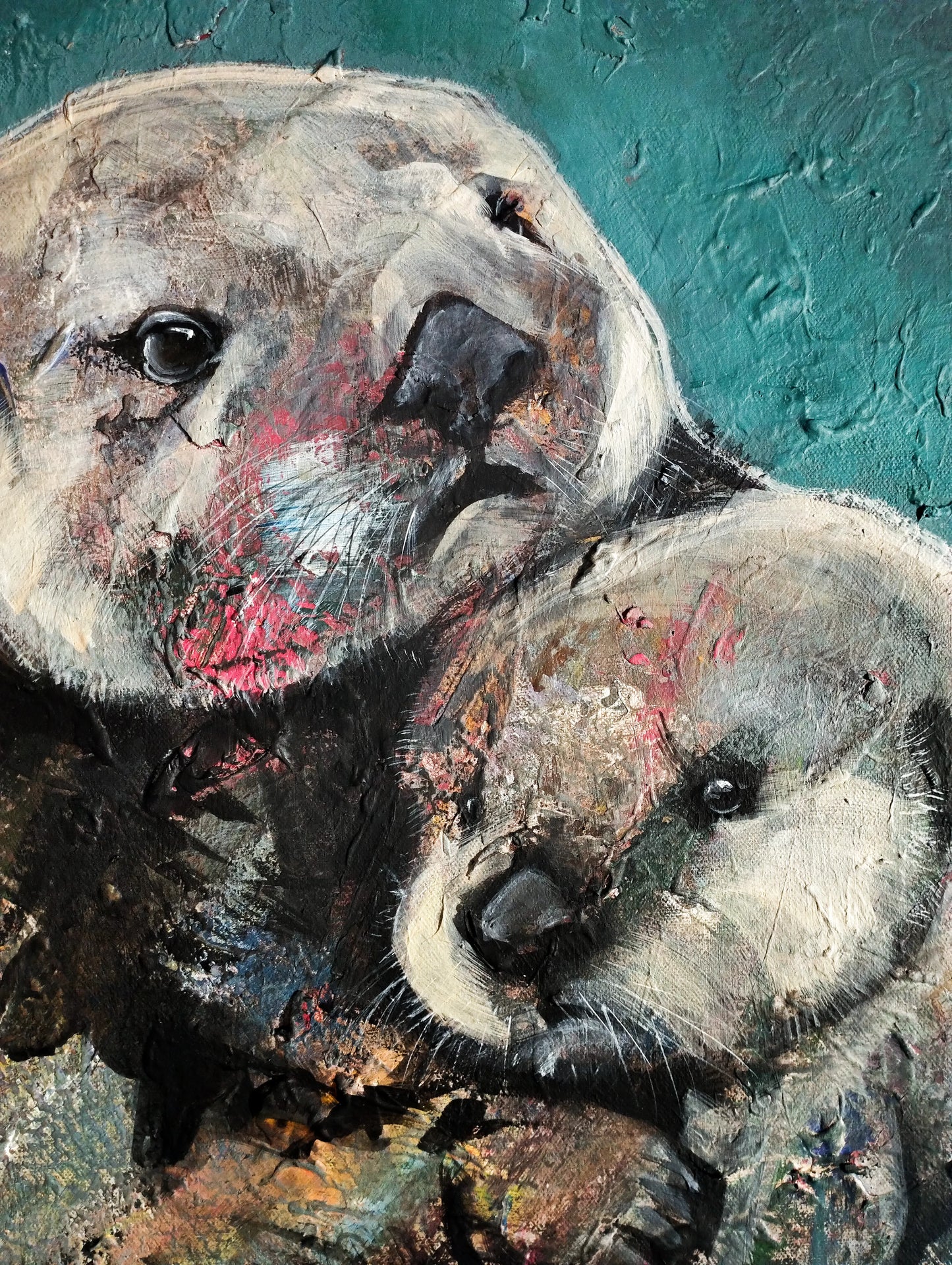 H1Z ART Acrylbild Gemälde Innige Verbundenheit (Otter mit Baby) – handgemaltes Original Acrylbild (40 x 50 cm)