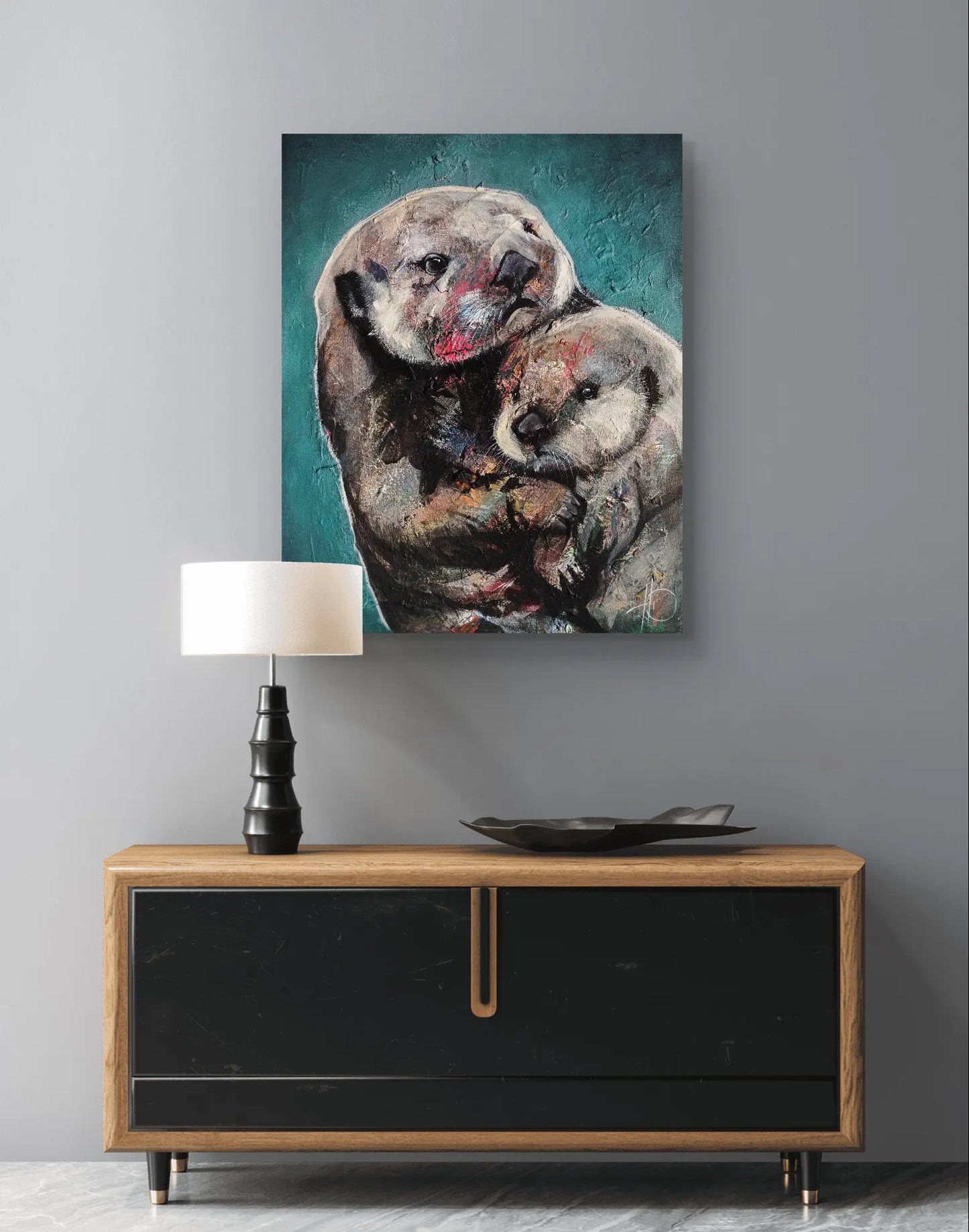 H1Z ART Acrylbild Gemälde Innige Verbundenheit (Otter mit Baby) – handgemaltes Original Acrylbild (40 x 50 cm)