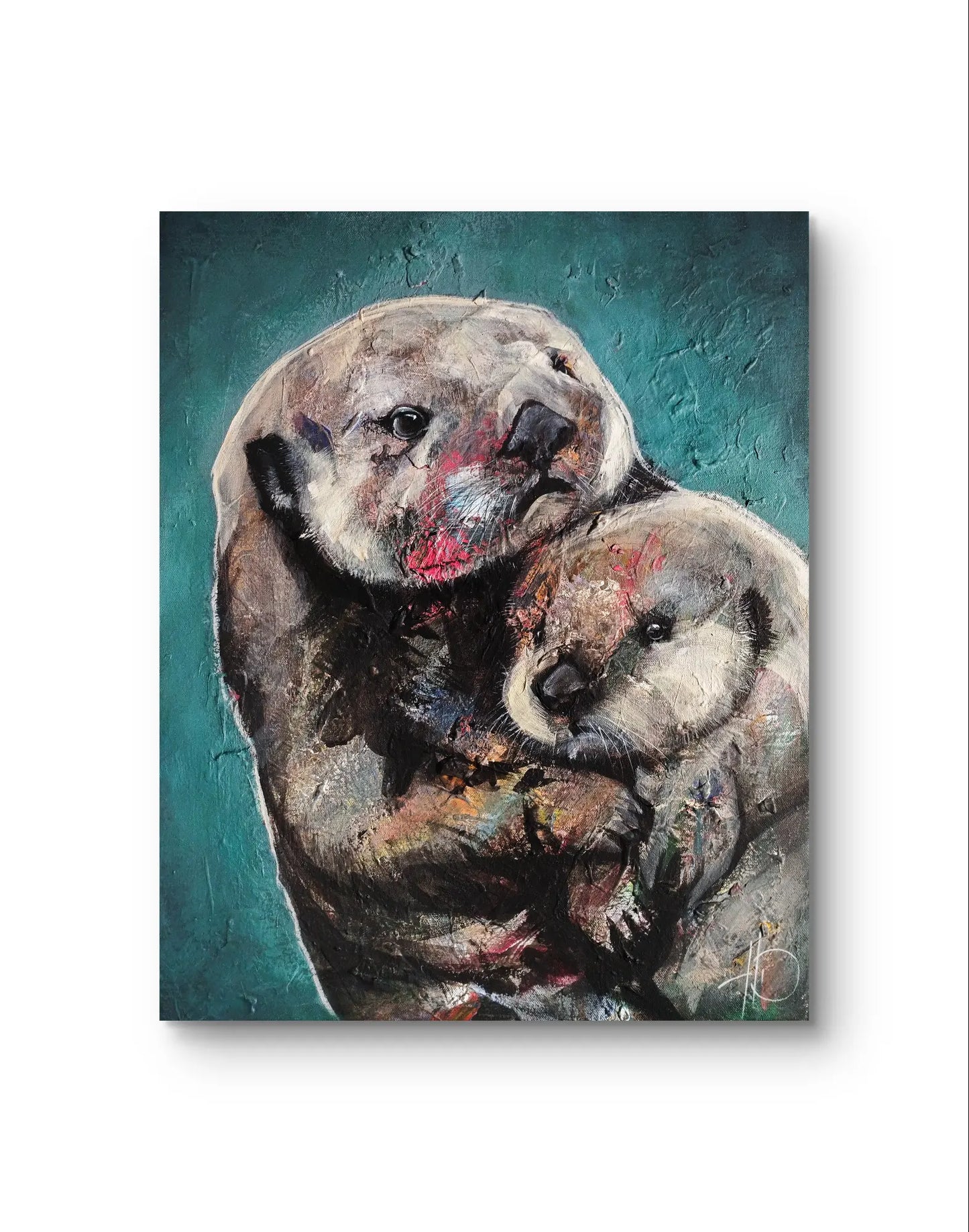 H1Z ART Acrylbild Gemälde Innige Verbundenheit (Otter mit Baby) – handgemaltes Original Acrylbild (40 x 50 cm)
