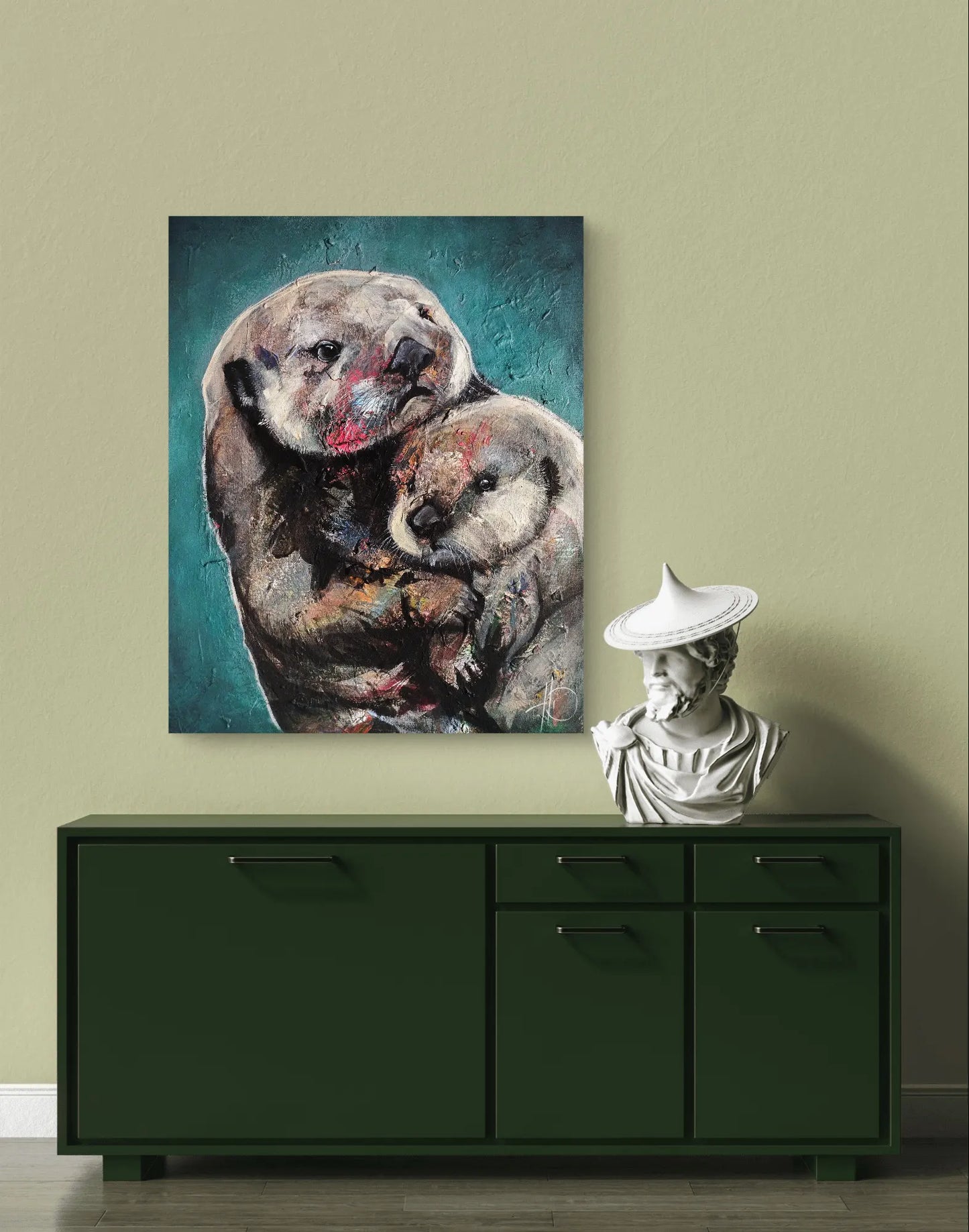 H1Z ART Acrylbild Gemälde Innige Verbundenheit (Otter mit Baby) – handgemaltes Original Acrylbild (40 x 50 cm)
