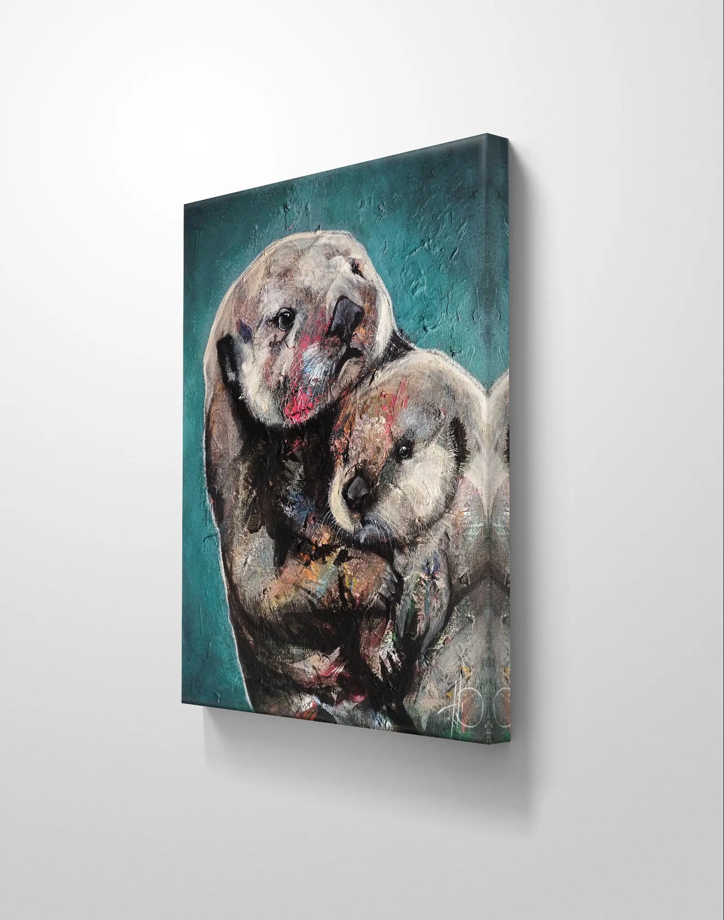 H1Z ART Acrylbild Gemälde Innige Verbundenheit (Otter mit Baby) – handgemaltes Original Acrylbild (40 x 50 cm)