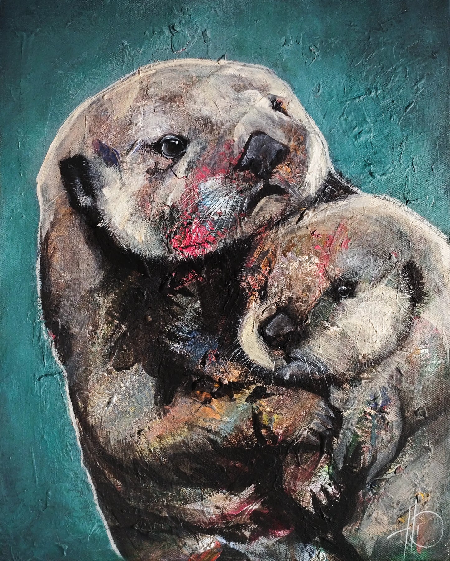H1Z ART Acrylbild Gemälde Innige Verbundenheit (Otter mit Baby) – handgemaltes Original Acrylbild (40 x 50 cm)