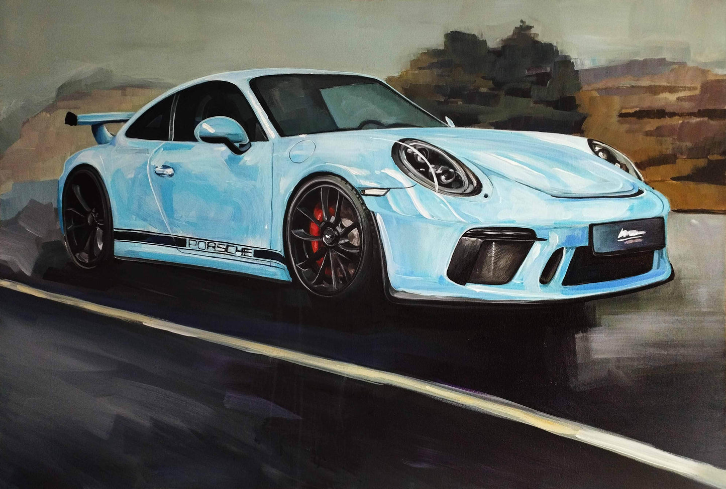 H1Z ART Acrylbild Gemälde Porsche – GT3 – handgemaltes Original Acrylbild (120 x 80 cm)