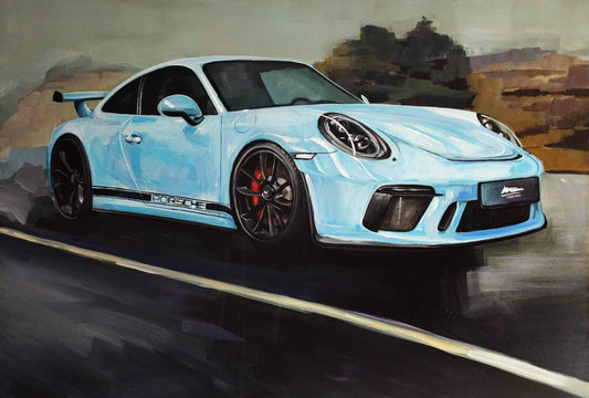 Expressiv-realistisches Gemälde Porsche – GT3 – handgemaltes Original Acrylbild (120 x 80 cm) auf Leinwand von H1Z ART in lebendiger Atmosphäre