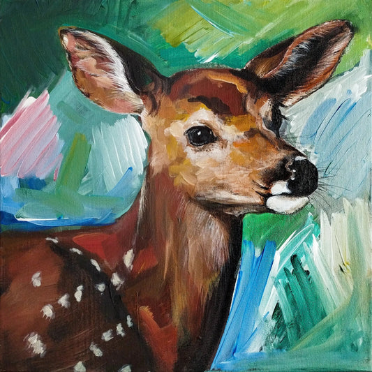 Acrylgemälde Rehkitz, expressive pastose Malweise mit großen Pinselstrichen im Hintergrund.