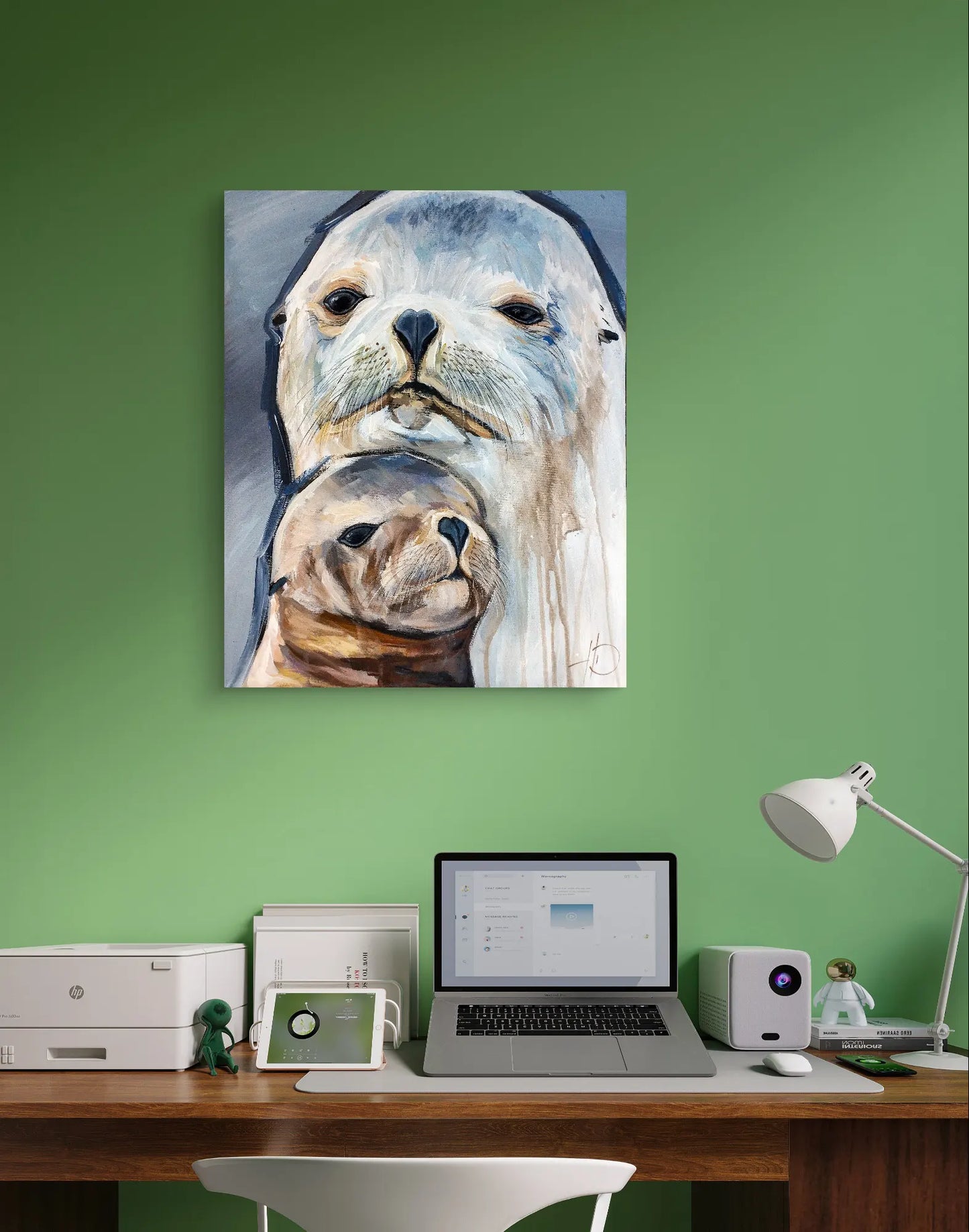 H1Z ART Acrylbild Gemälde Seehund und Kind – handgemaltes Original Acrylbild (40 x 50 cm)