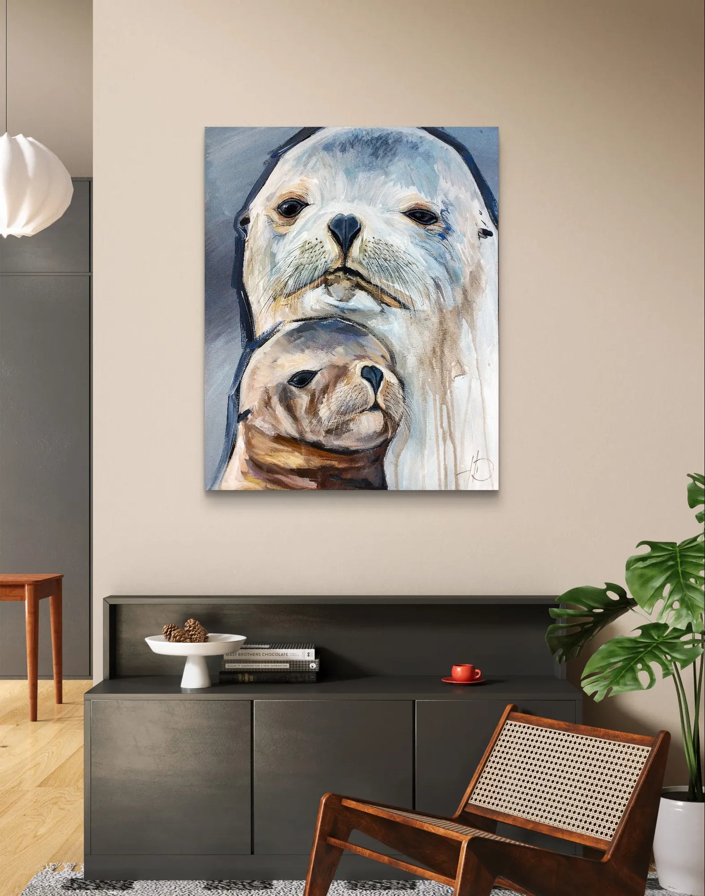 H1Z ART Acrylbild Gemälde Seehund und Kind – handgemaltes Original Acrylbild (40 x 50 cm)