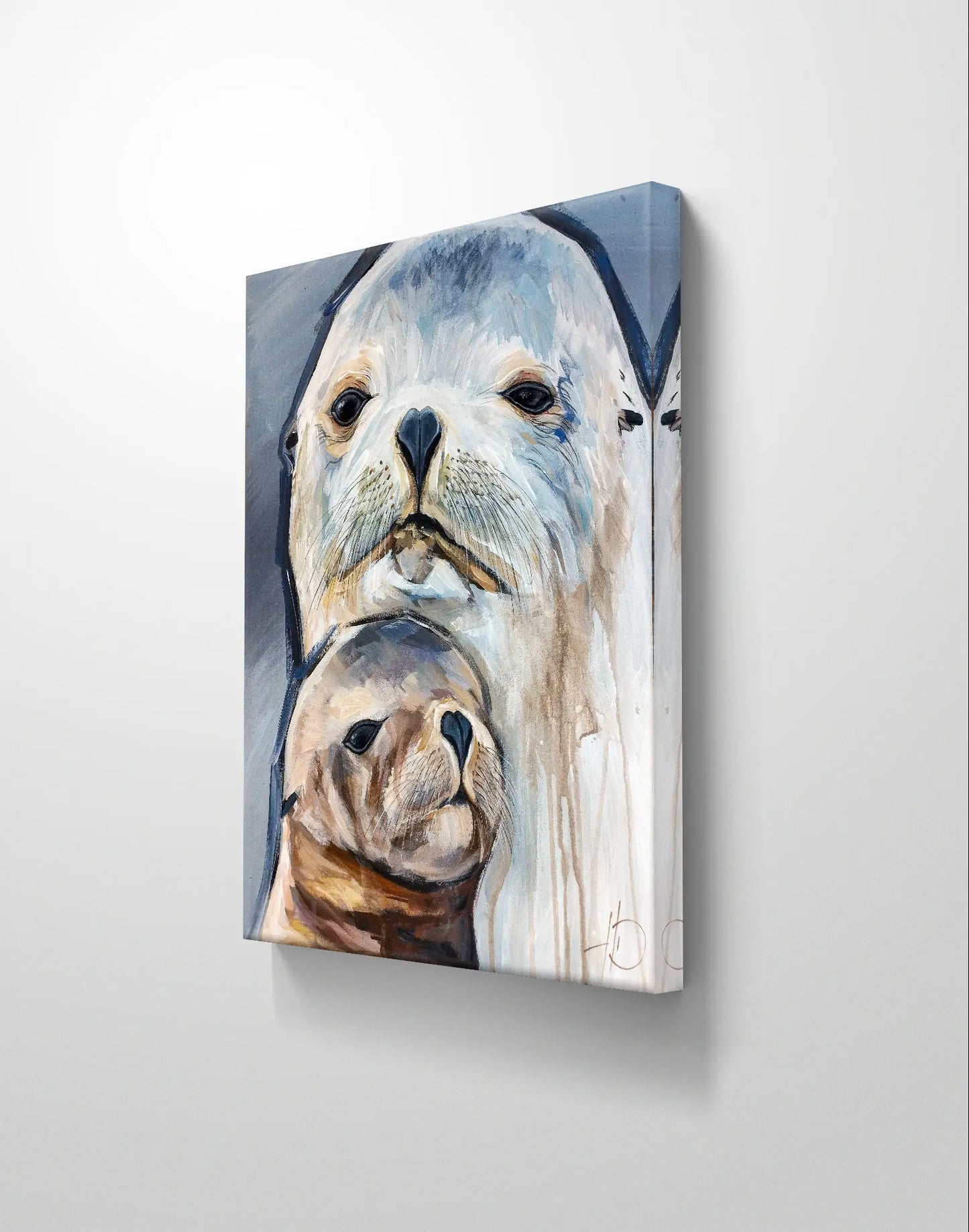 H1Z ART Acrylbild Gemälde Seehund und Kind – handgemaltes Original Acrylbild (40 x 50 cm)