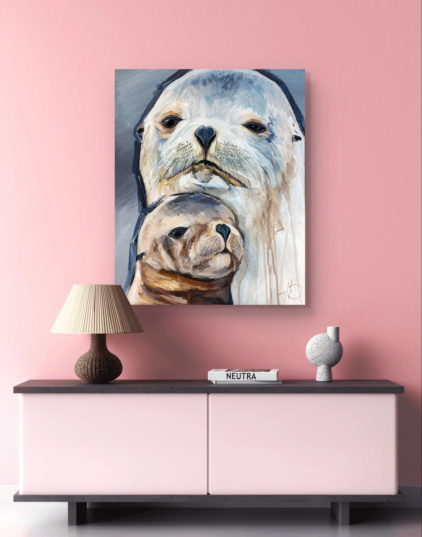 H1Z ART Acrylbild Gemälde Seehund und Kind – handgemaltes Original Acrylbild (40 x 50 cm)