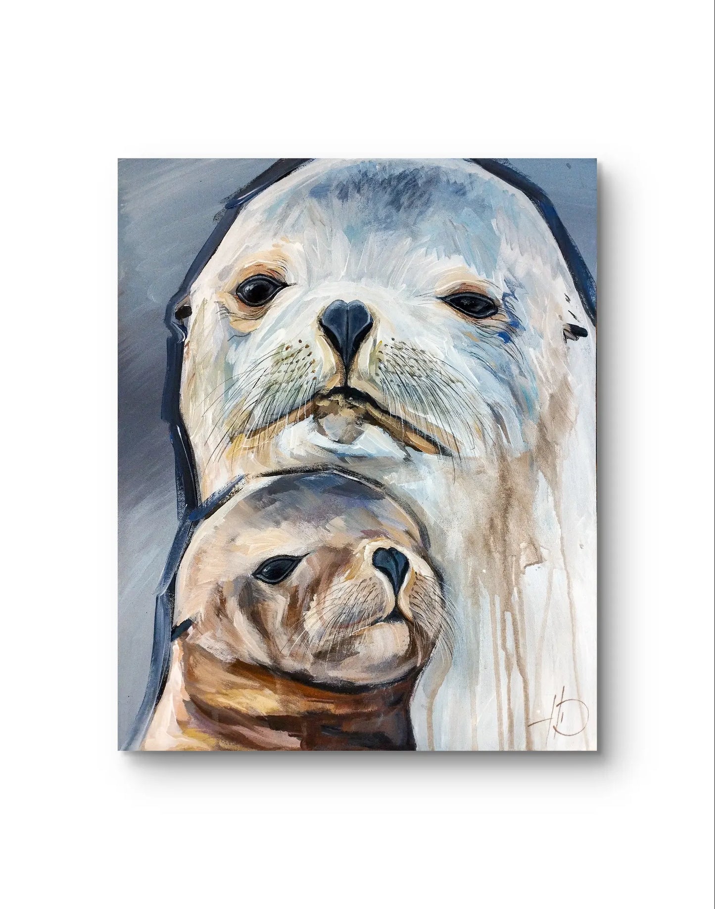 H1Z ART Acrylbild Gemälde Seehund und Kind – handgemaltes Original Acrylbild (40 x 50 cm)