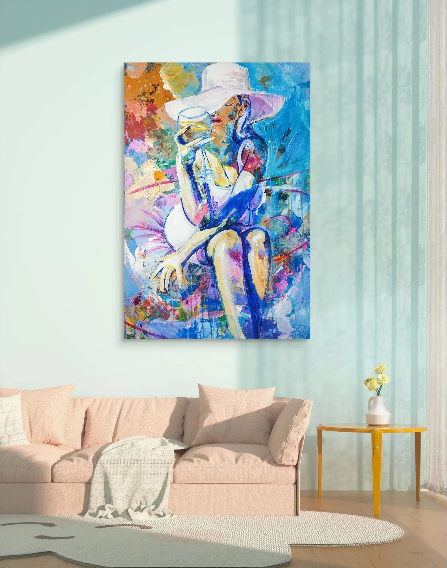 Handgemaltes figuratives Acrylgemälde 60×90 cm – sommerliche Szene, expressive Farbigkeit, Frauenporträt
