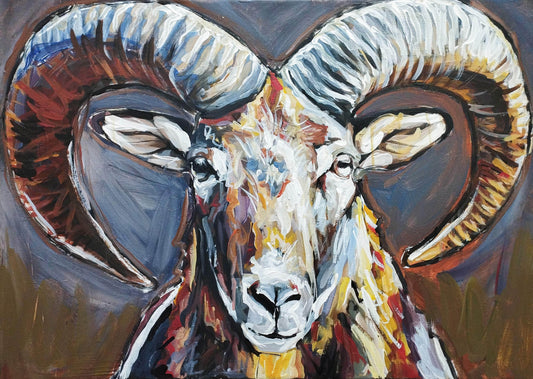 Expressiv-realistisches Gemälde Kraftvoller Steinbock – handgemaltes Original Acrylbild (50 x 70 cm) auf Leinwand von H1Z ART in lebendiger Atmosphäre