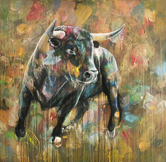 Expressiv-realistisches Gemälde Starker Stier – handgemaltes Original Acrylbild (140 x 145 cm) auf Leinwand von H1Z ART in lebendiger Atmosphäre