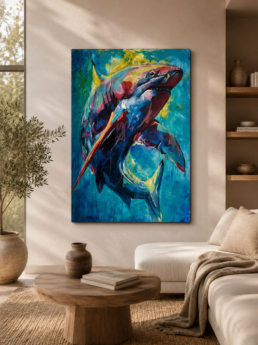 Handgemaltes Acrylgemälde mit Hai als moderne Wandkunst im stilvollen
Wohnraum.