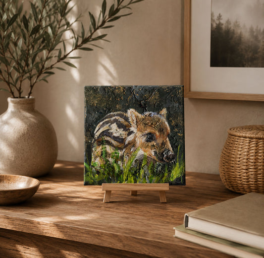 Handgemaltes Acrylgemälde mit Baby Wildschwein (Frischling) im Gras,
dunkler Hintergrund als moderne Wandkunst im stilvollen Wohnraum.
