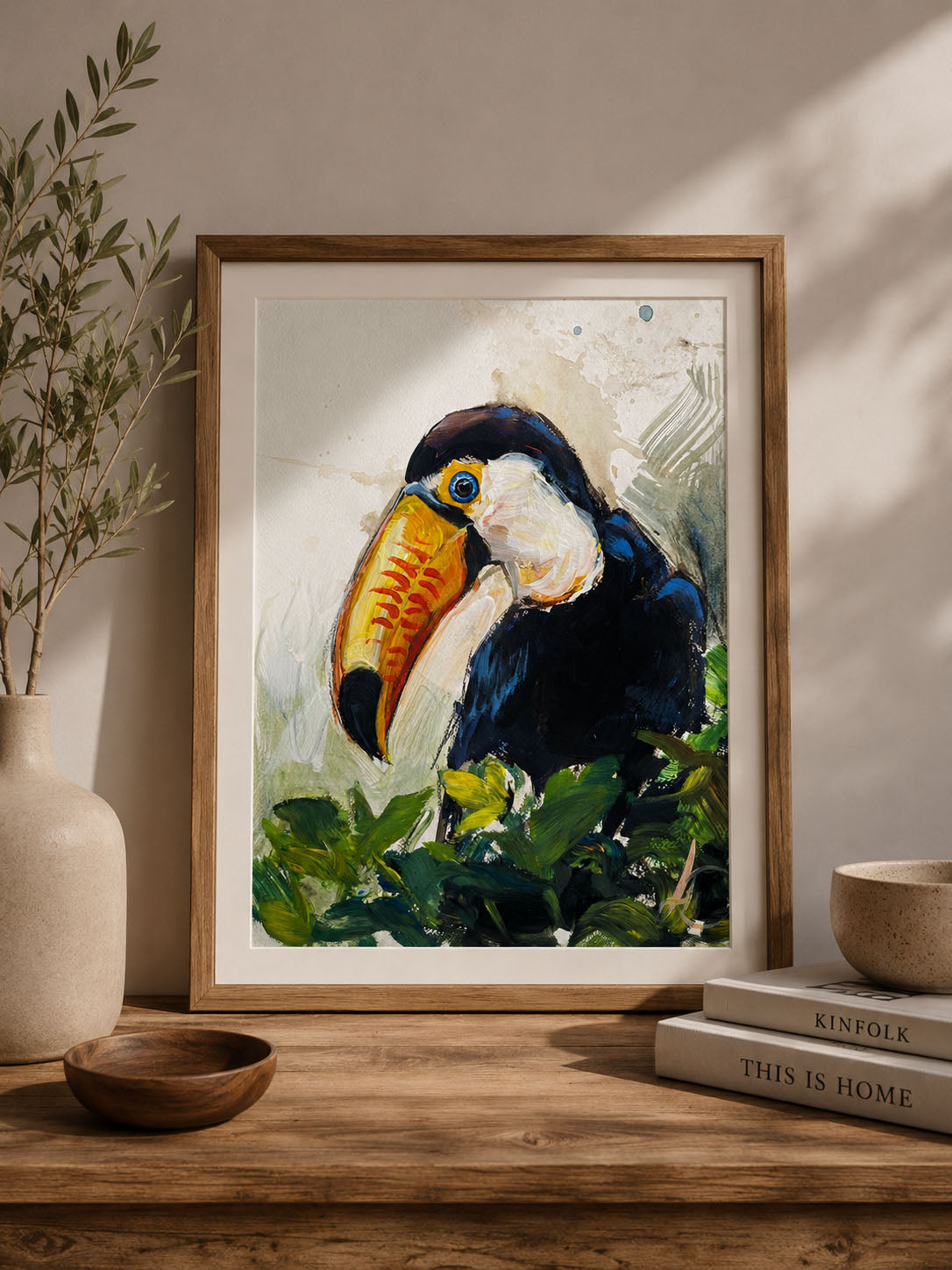 Handgemaltes Acrylgemälde mit Tukan als moderne Wandkunst im stilvollen
Wohnraum