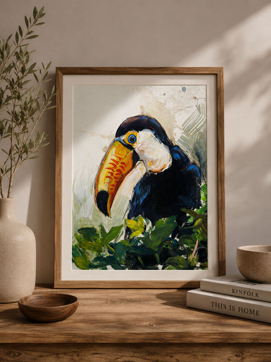 Handgemaltes Acrylgemälde mit Tukan als moderne Wandkunst im stilvollen
Wohnraum