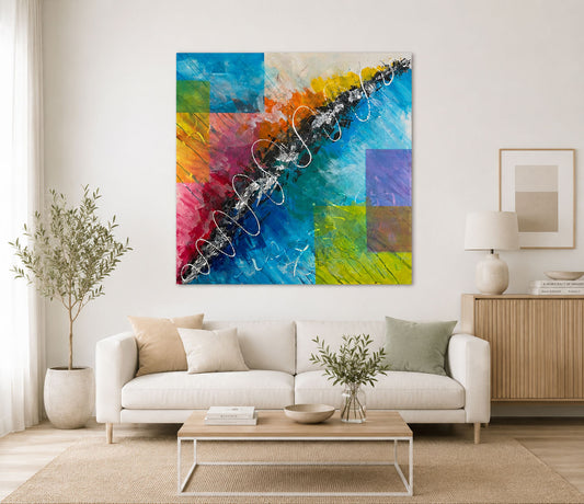 Handgemaltes Acrylgemälde mit Abstrakt „Rhythmus der Musik“ als moderne
Wandkunst im stilvollen Wohnraum.