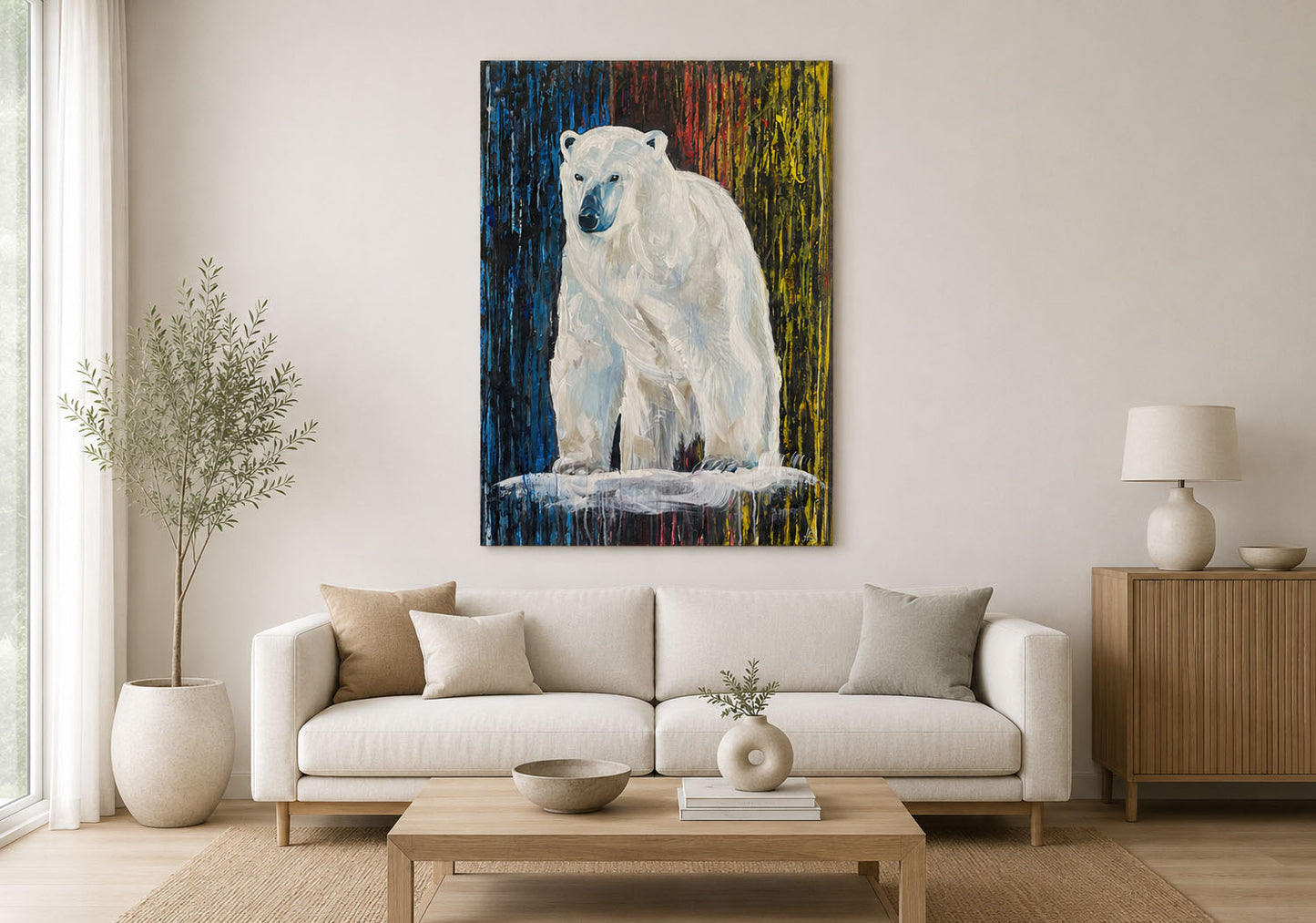 Handgemaltes Acrylgemälde mit Eisbär, stehend als moderne Wandkunst im
stilvollen Wohnraum.