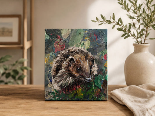 Handgemaltes Acrylgemälde mit Igel im Laub, bunter Hintergrund als moderne
Wandkunst im stilvollen Wohnraum.