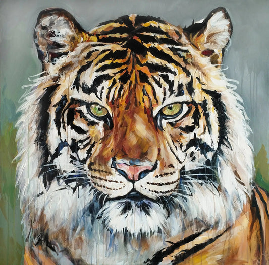 Expressiv-realistisches Gemälde Tiger – handgemaltes Original Acrylbild (120 x 120 cm) auf Leinwand von H1Z ART in lebendiger Atmosphäre