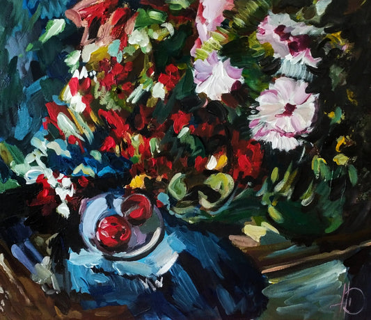 Expressiv-realistisches Gemälde Astern und Tomaten – handgemaltes Original Acrylbild (43 x 50 cm) auf Leinwand von H1Z ART in lebendiger Atmosphäre