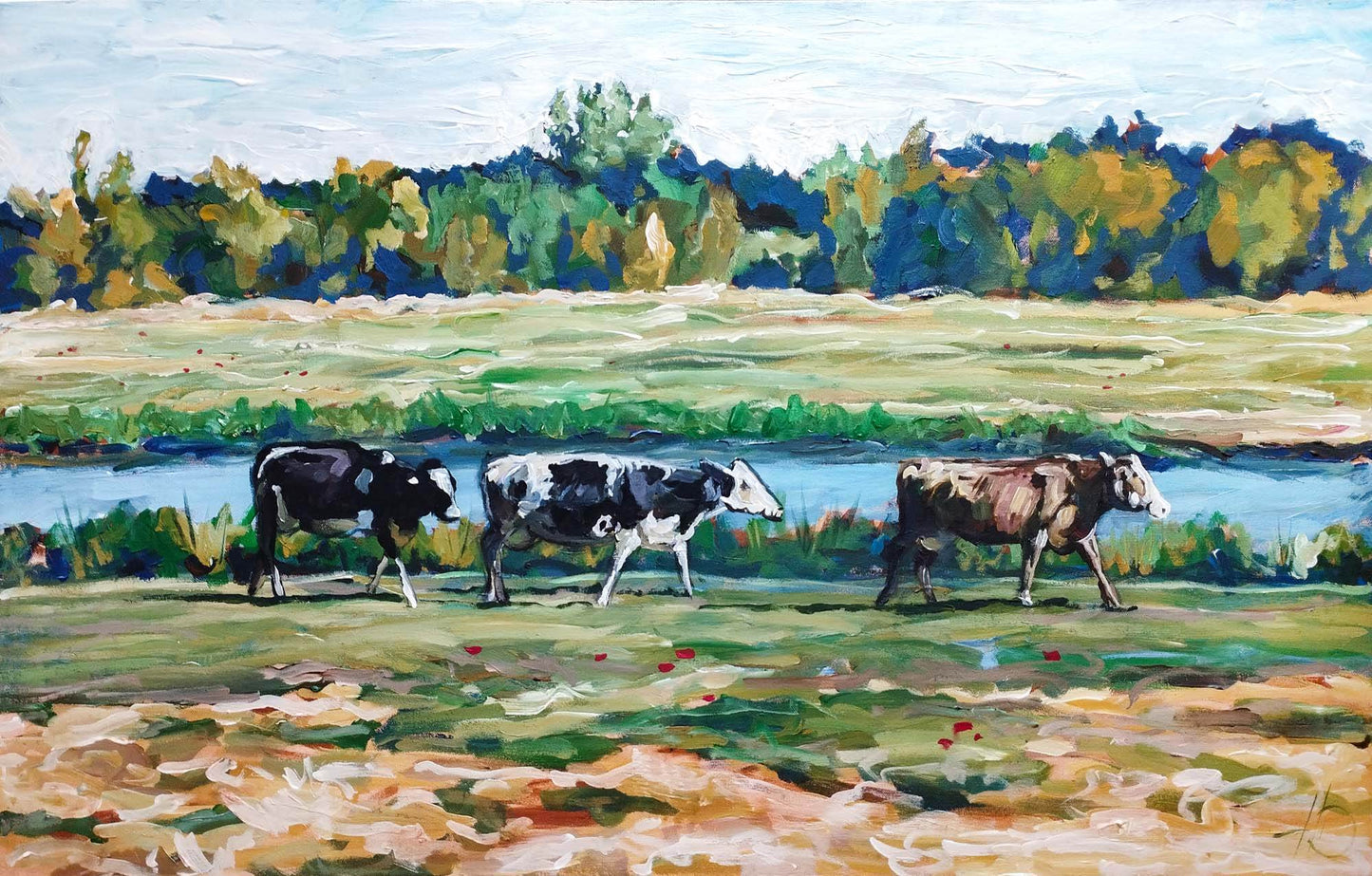 H1Z ART Acrylbild Gemälde Kühe am Flussufer – handgemaltes Original Acrylbild (95 x 60 cm)