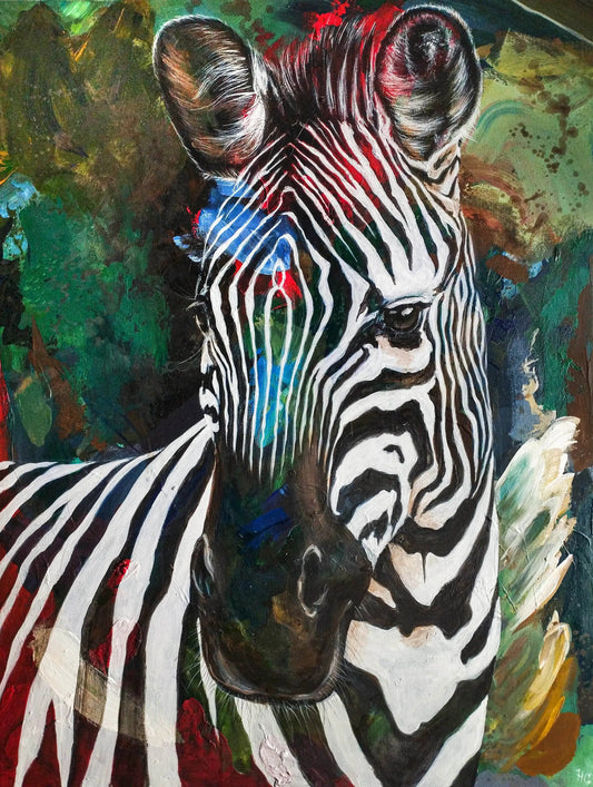Expressiv-realistisches Gemälde Zebra – handgemaltes Original Acrylbild (125,5 x 95,5 cm) auf Leinwand von H1Z ART in lebendiger Atmosphäre
