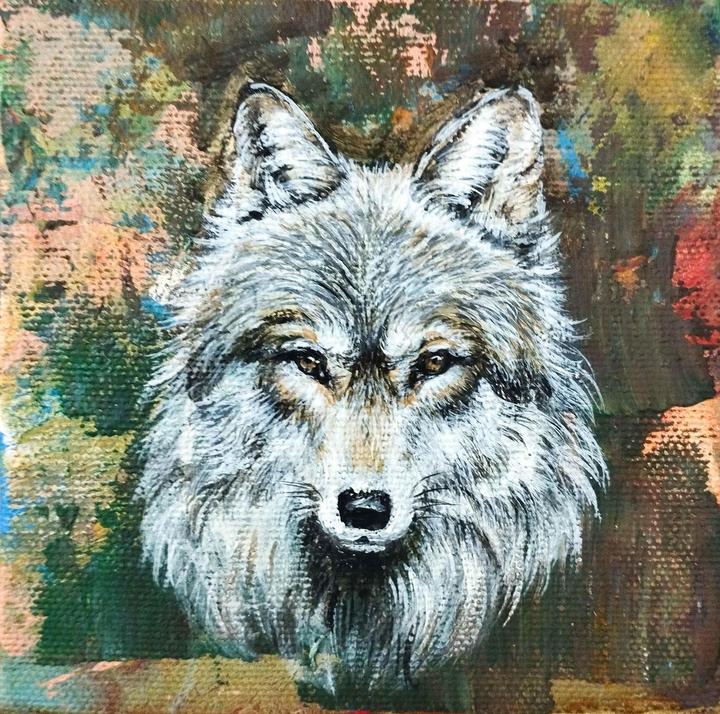 H1Z ART Acrylbild Gemälde grauer Wolf – handgemaltes Original Acrylbild (10 x 10 cm)