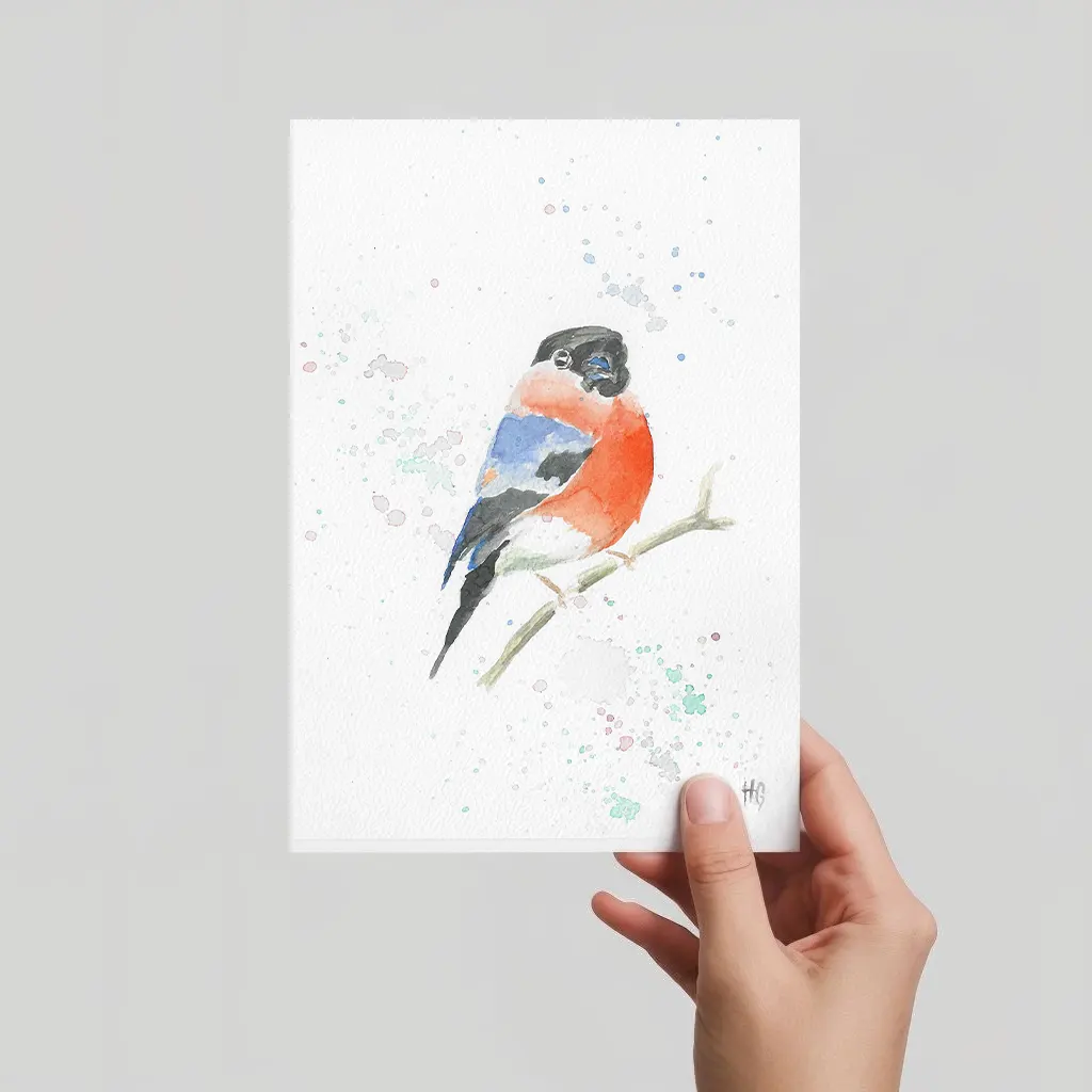 Aquarell Postkarte Gimpel/Dompfaff mit roter Brust, handgemalt, expressive Malweise auf Ast.