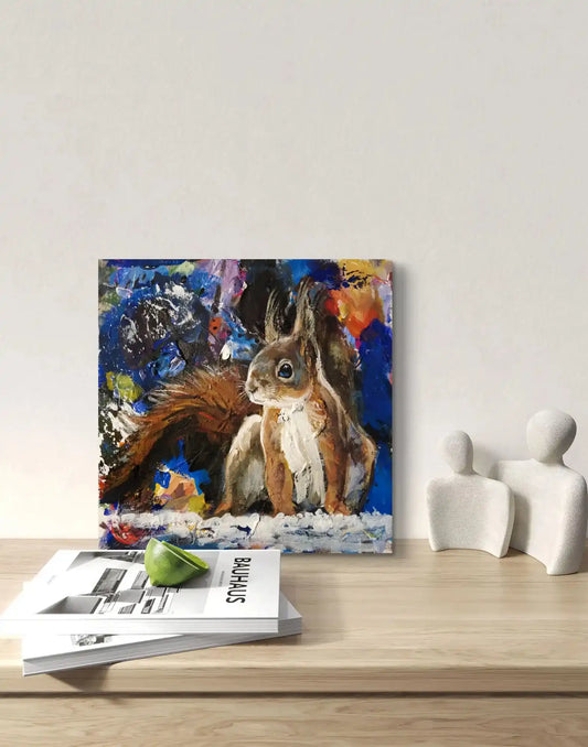 Lebendiges Eichhörnchen Acrylbild auf Leinwand, handgemaltes Tierportrait als kleine Wandkunst für Regal oder Kommode.