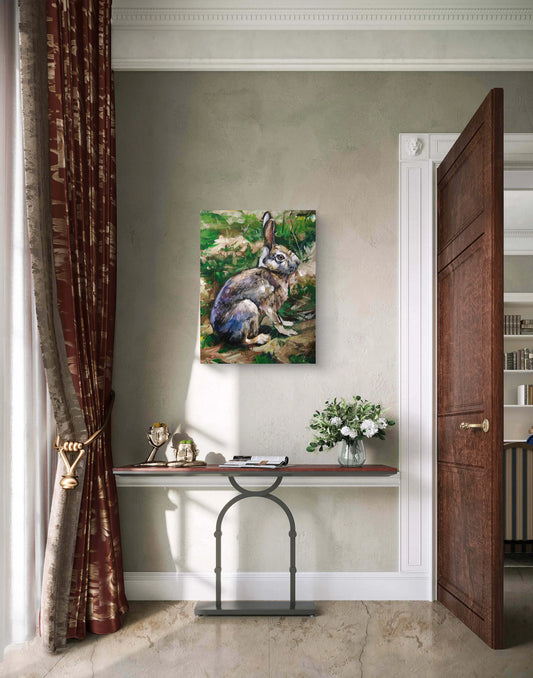 Handgemaltes Hase Acrylbild auf Leinwand, seitlicher Blick, moderne Deko für Kommode oder Flur.