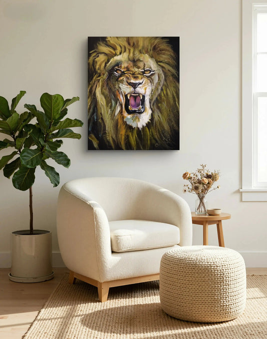 Löwe Acrylbild auf Leinwand, kraftvolles handgemaltes Tierportrait für Wohnzimmer oder Büro.