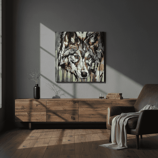 Wolf-Gemälde hängt über dunklem Holz-Sideboard mit Messinggriffen vor grauer Wand.