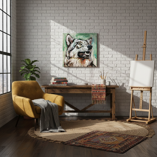 Acrylbild Wolf lächelt über rustikalem Holztisch im Atelier vor weißer Backsteinwand.