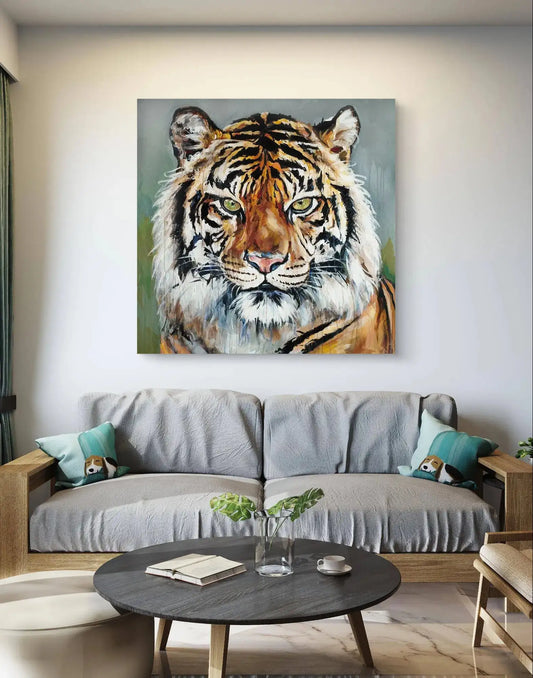 Handgemaltes Tiger XXL Acrylgemälde 120×120 cm – intensiver Blick, Orange und Schwarz, Tierporträt