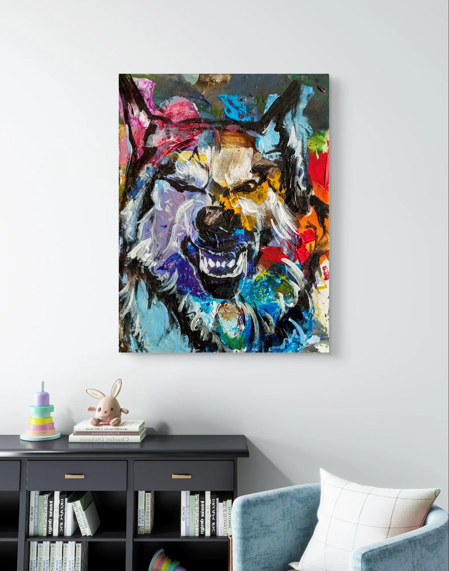 H1Z ART Acrylbild Gemälde Wolf Wilde Wut– handgemaltes Original Acrylbild (40 x 30 cm)