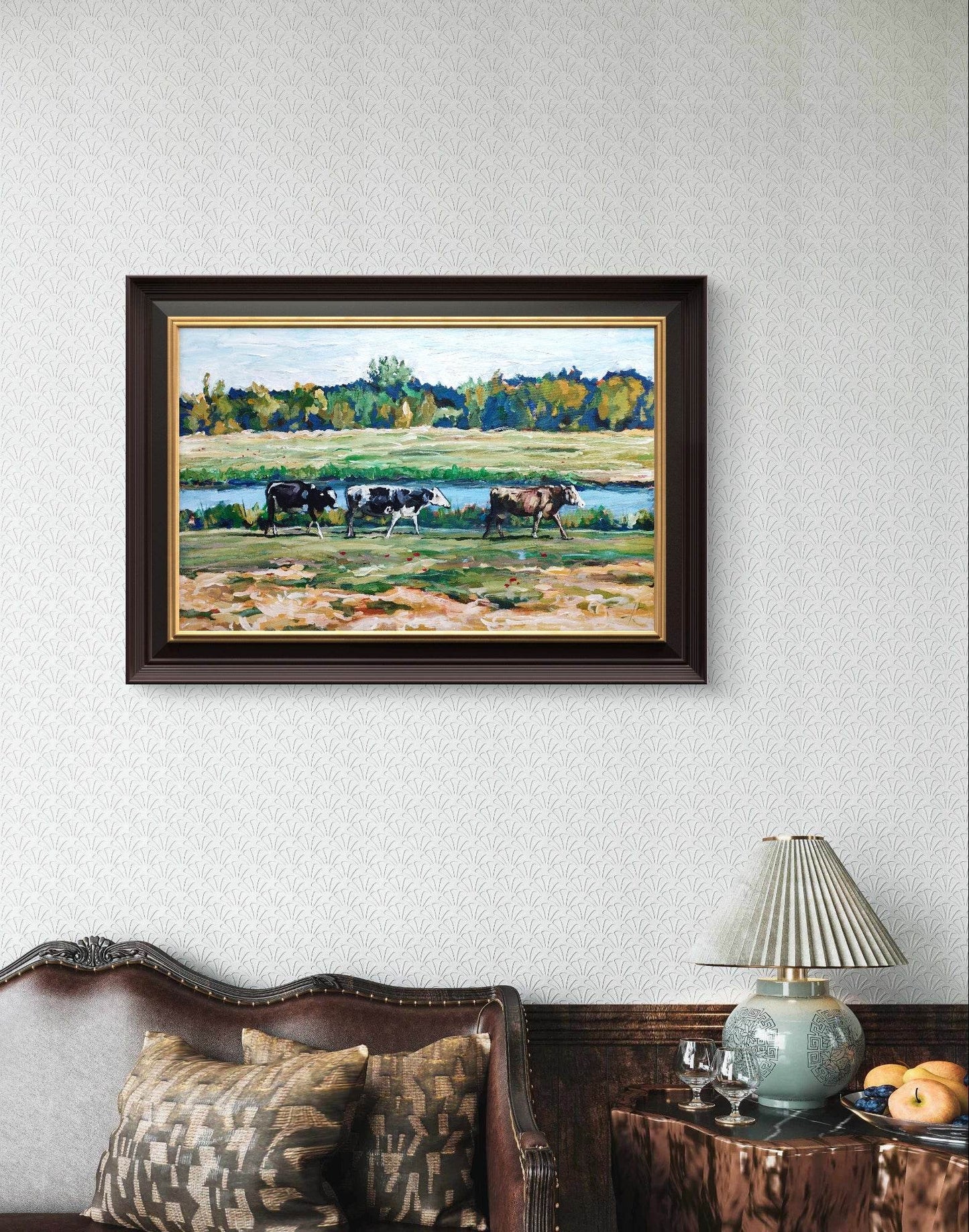 H1Z ART Acrylbild Gemälde Kühe am Flussufer – handgemaltes Original Acrylbild (95 x 60 cm)