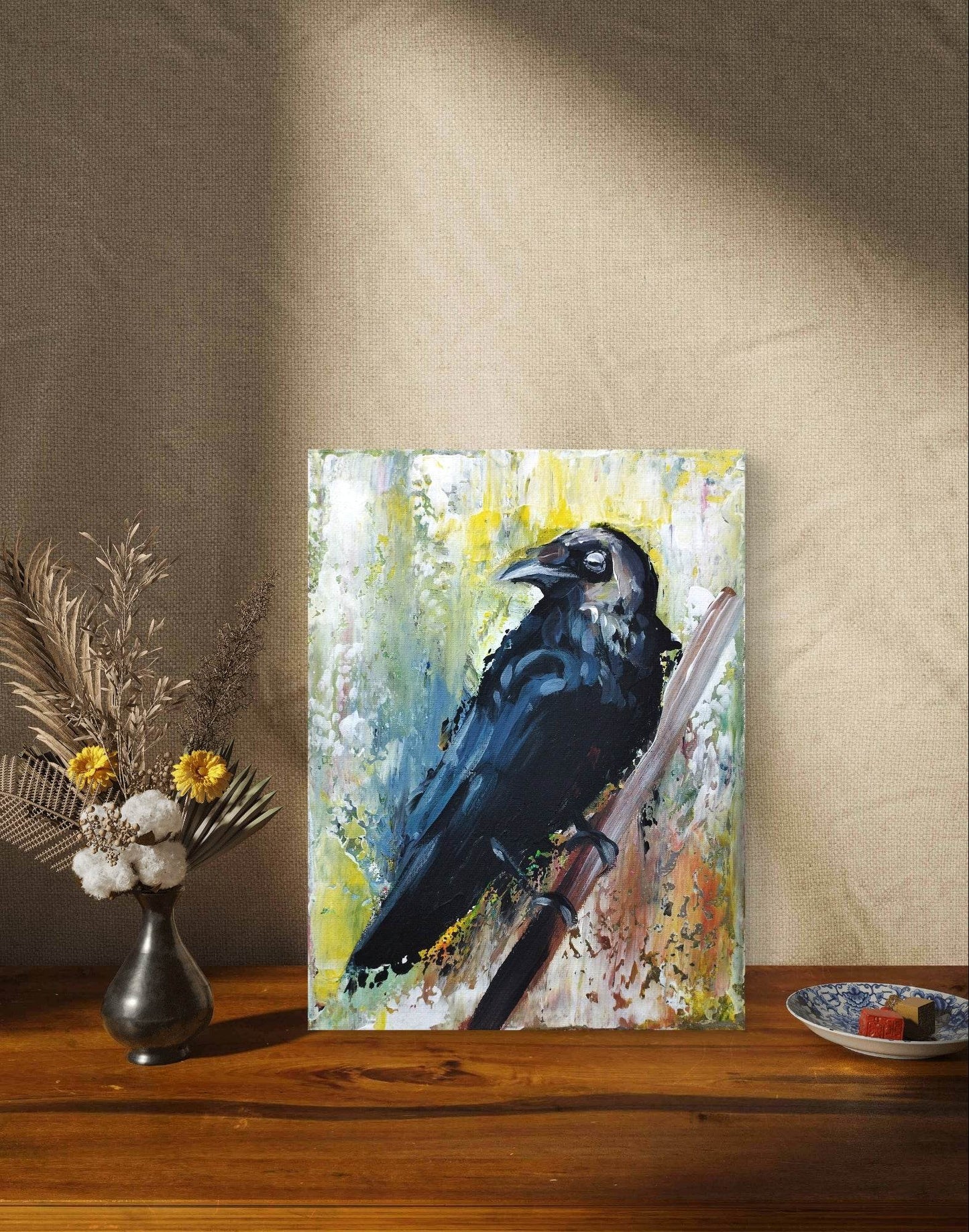 Gemälde schwarze Rabe Original Acrylbild (18 x 24 cm)