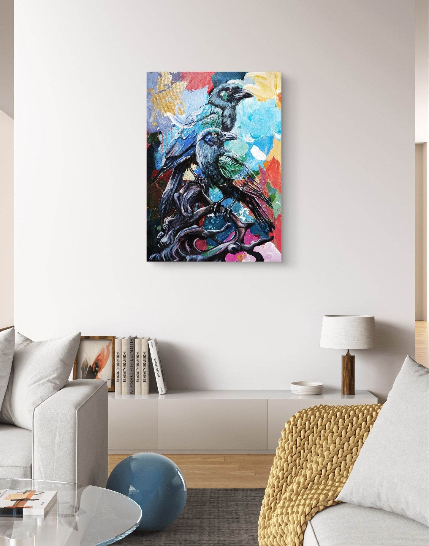 H1Z ART Acrylbild Gemälde Raben auf Ast – handgemaltes Original Acrylbild (50 x 70 cm)