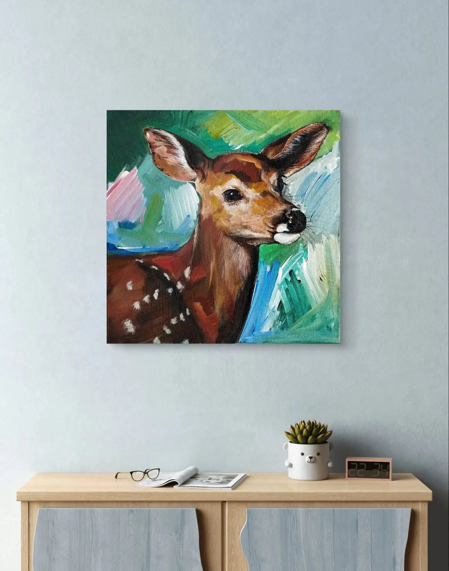 Handgemaltes Reh Acrylgemälde 40×40 cm – sanfter Blick, warme Erdtöne, Tierporträt Leinwand