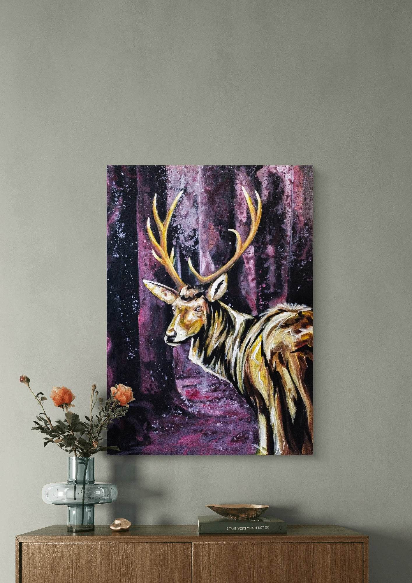 H1Z ART Acrylbild Gemälde Goldener Reh – handgemaltes Original Acrylbild (50 x 70 cm)