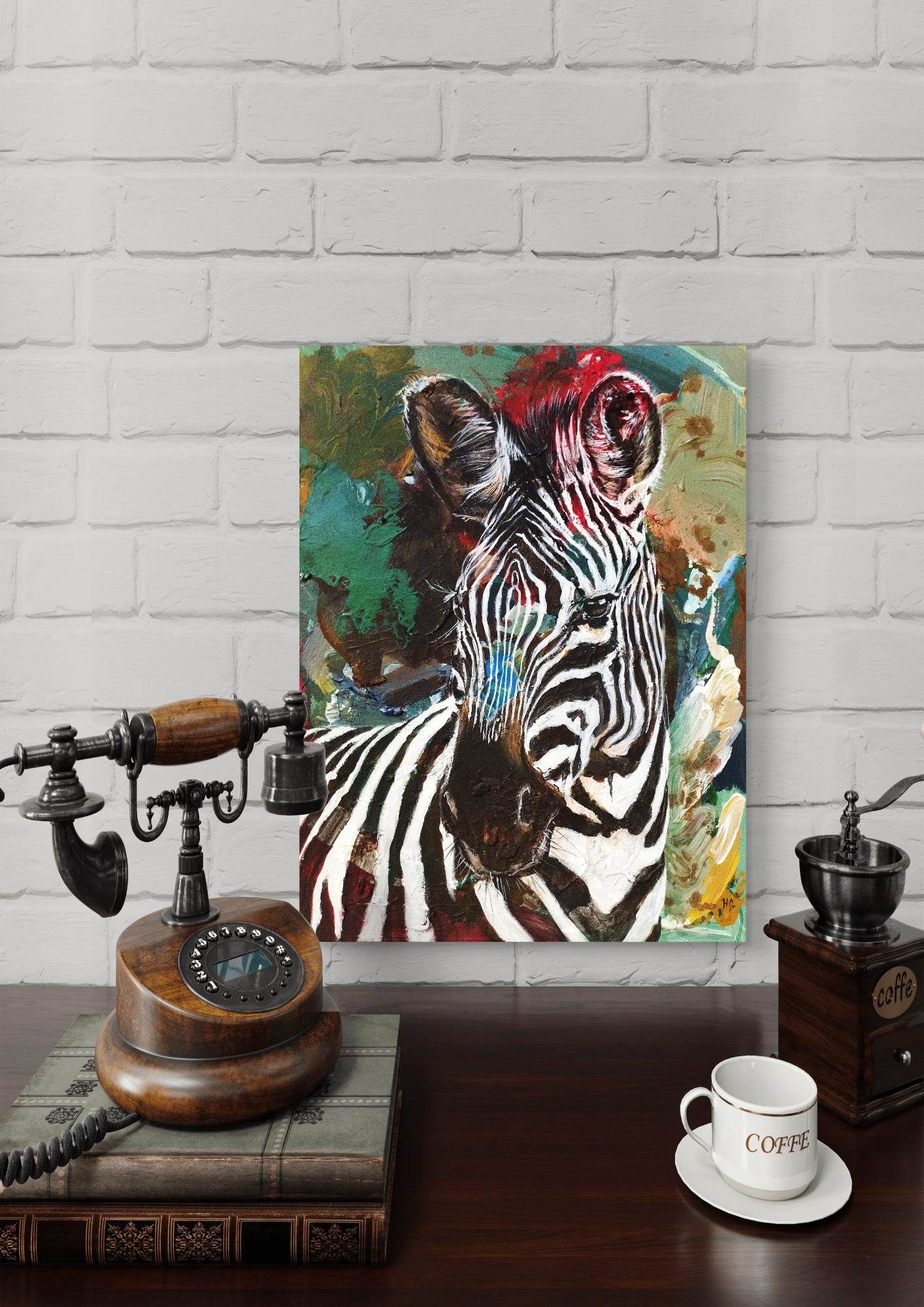 Gemälde Zebra in grün – handgemaltes Original Acrylbild (30 x 40 cm)