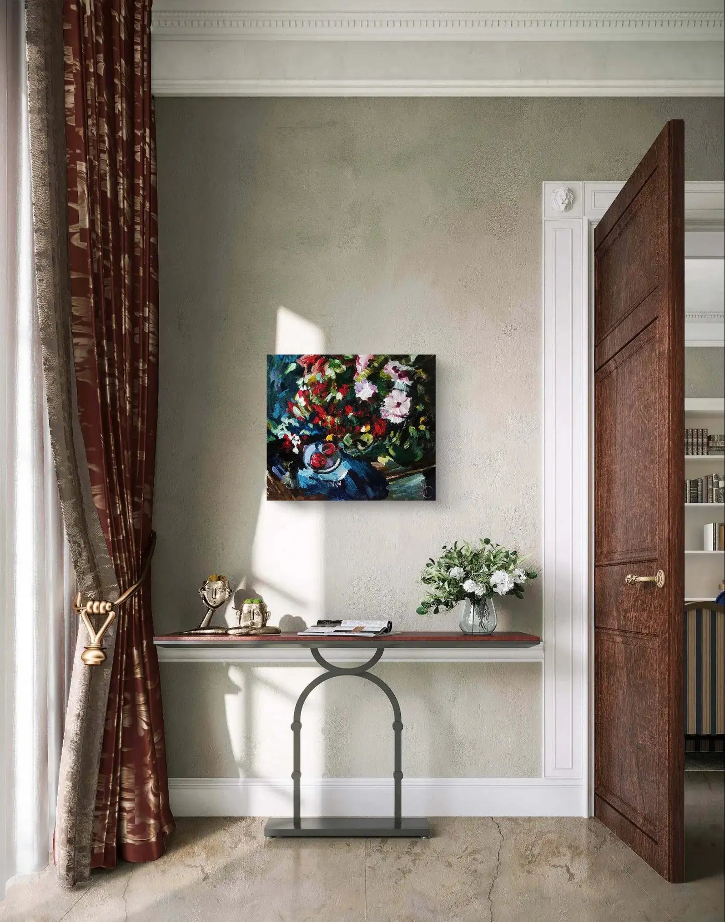 Handgemaltes Stillleben Acrylgemälde 43×50 cm – Astern und Tomaten, lebhafte Farben, Leinwand