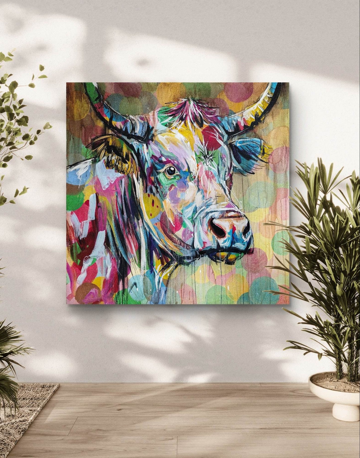 H1Z ART Acrylbild Gemälde bunte Kuh – handgemaltes Original Acrylbild (120 x 120 cm)